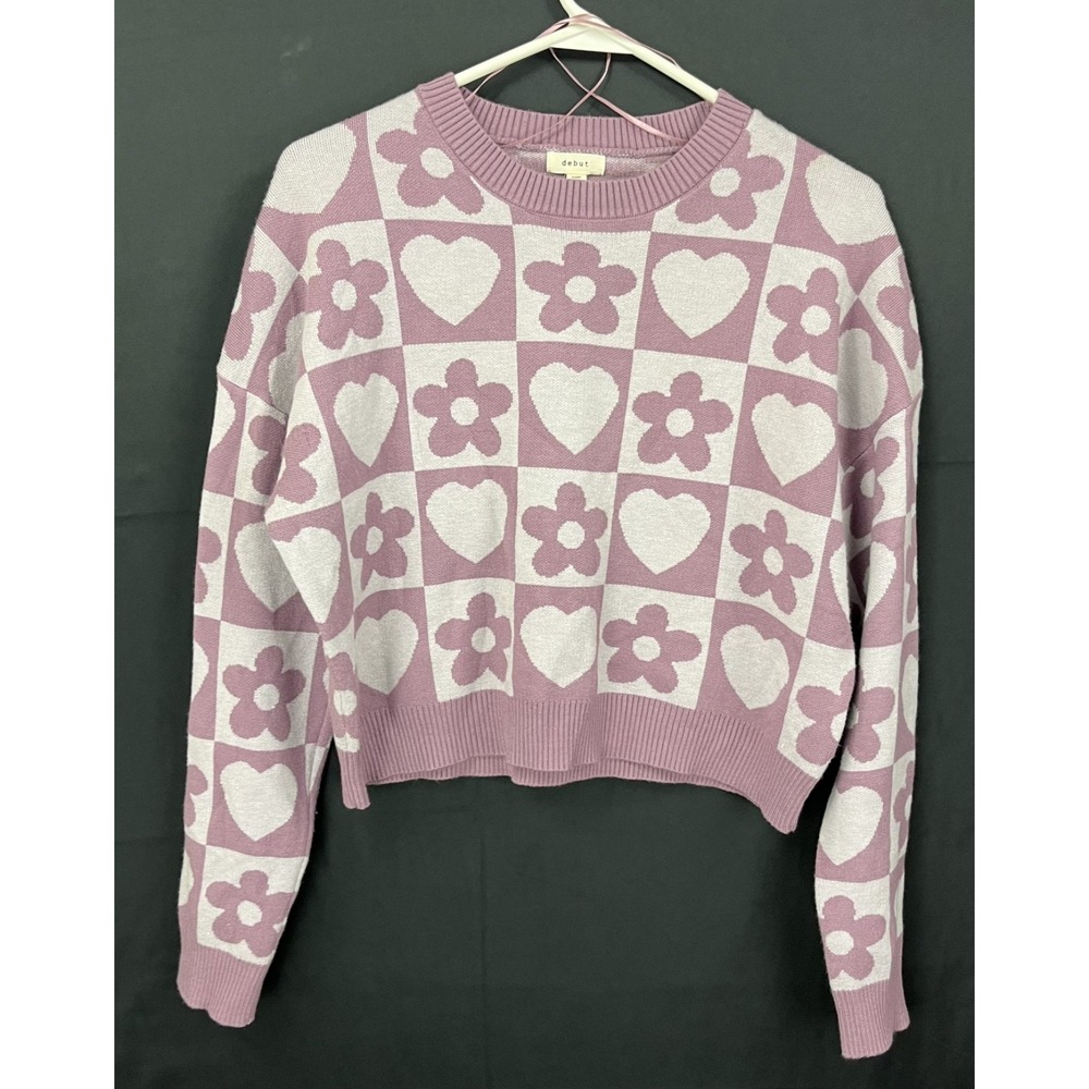 Debut Womens XS Purple Pink Heart Flower Checkerboard Crop Knit Sweater Y2K Soft